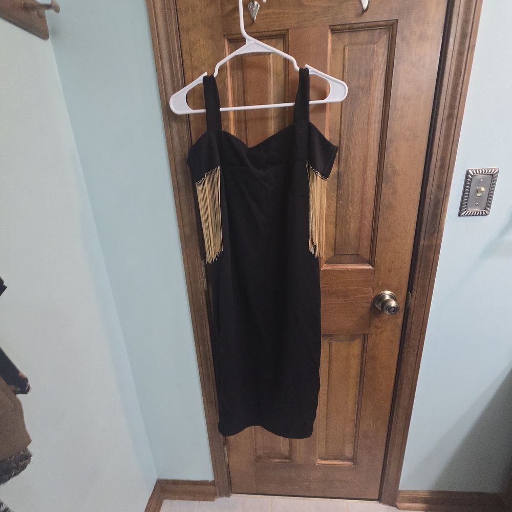 Midnight Velvet Black Strapless Dress with Gold Accents (Not Velvet Fabric)